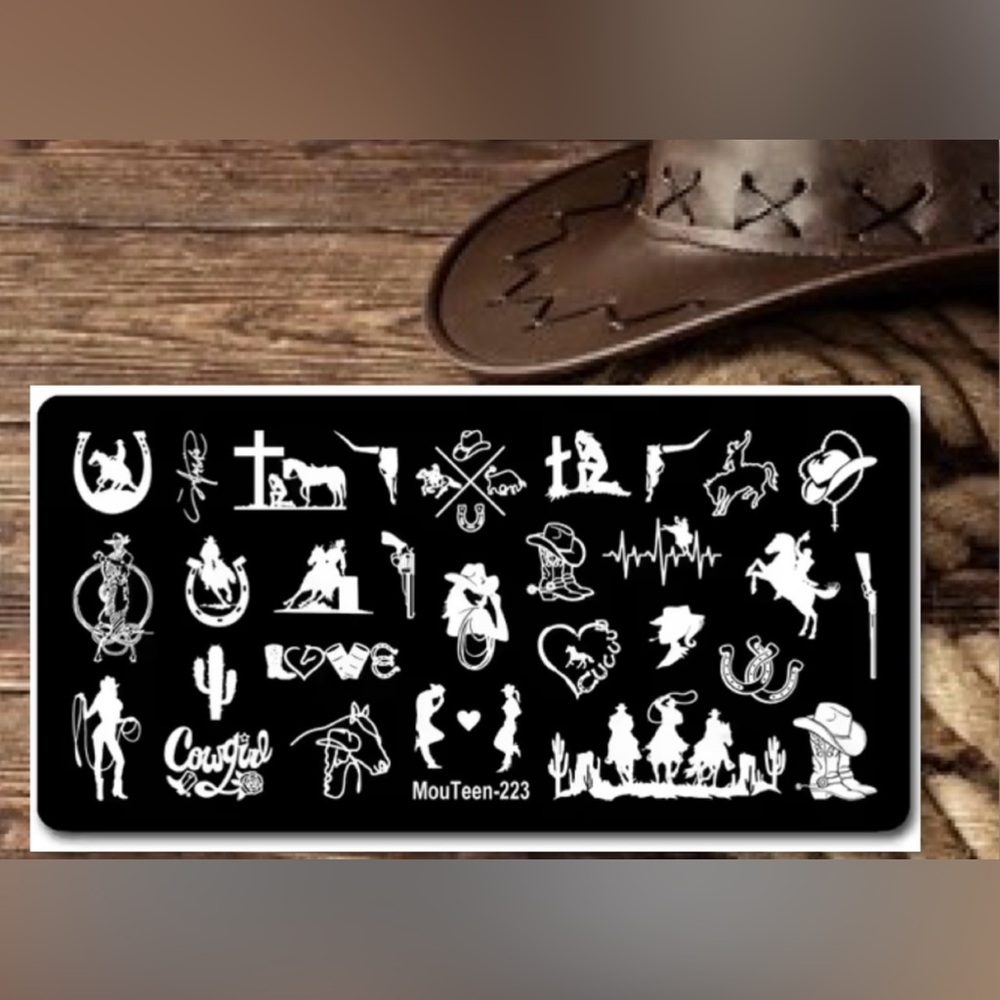 $5 COWBOY NAIL STAMPING PLATE. STAINLESS WITH WHITE PLASTIC BASE. $5 IF BUNDLED